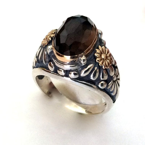 Smoky quartz ring, gemstone ring, brown stone ring, silver gold ring, floral ring, statement ring, cocktail ring - Mystic night R2172