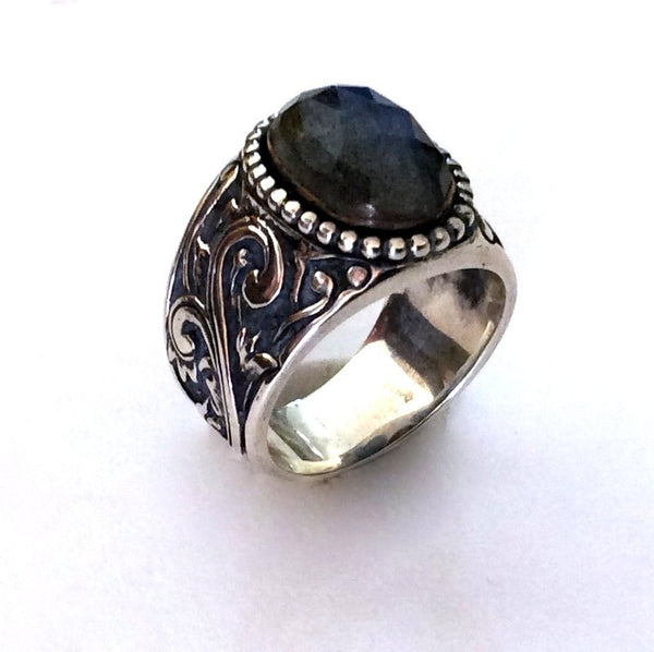 Statement Ring, labradorite ring, gold silver ring, oxidized ring, mixed metals ring, filigree ring, cocktail ring - Thinking free R2169