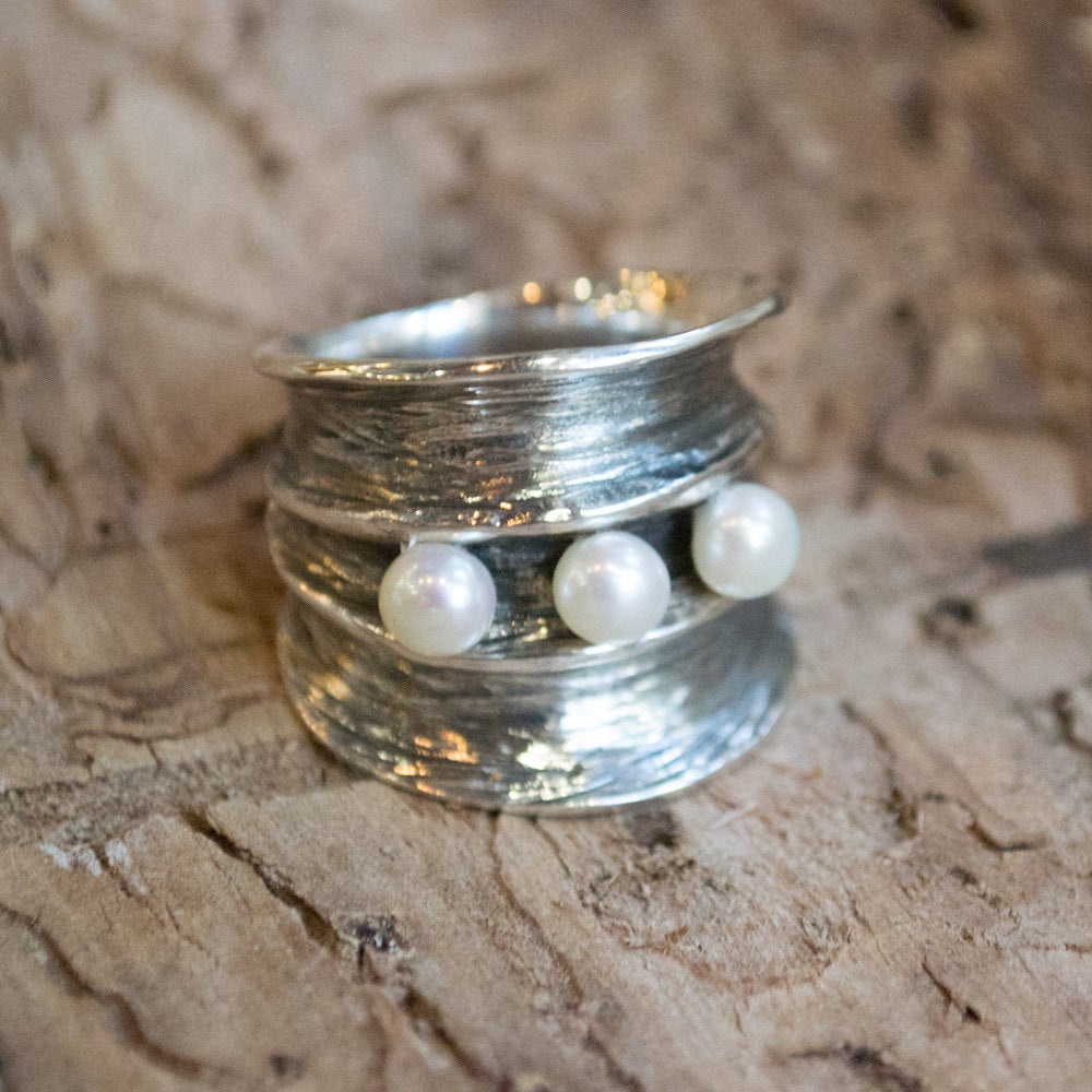 Fresh Water Pearls Ring, Wide Silver Band, sterling silver band, oxidized silver ring, statement ring - Bubbling emotions 2- R1483-2