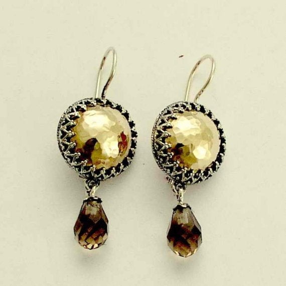 Smoky quartz earrings, Dangle gemstone earrings,Silver gold earrings, Sterling silver earrings, crown earrings - The case for lace E0754G