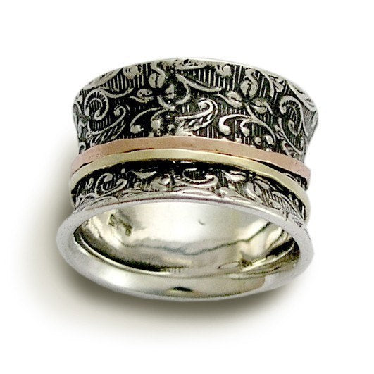 Rose yellow gold ring, Meditation ring, Silver wedding band, gypsy ring, boho ring, wide silver band, wedding band - A way of life R1209A