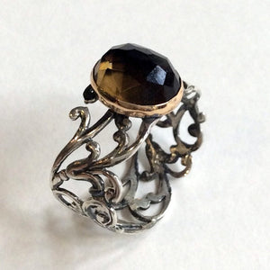 Smoky quartz ring, Unique ring for her, gypsy ring, stone ring, Lace ring, wide silver band, boho jewelry, bohemian - Your illusion R2054G