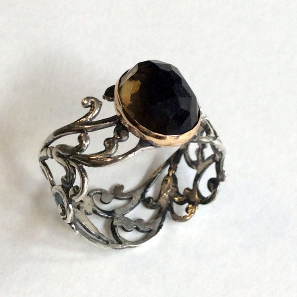 Smoky quartz ring, Unique ring for her, gypsy ring, stone ring, Lace ring, wide silver band, boho jewelry, bohemian - Your illusion R2054G