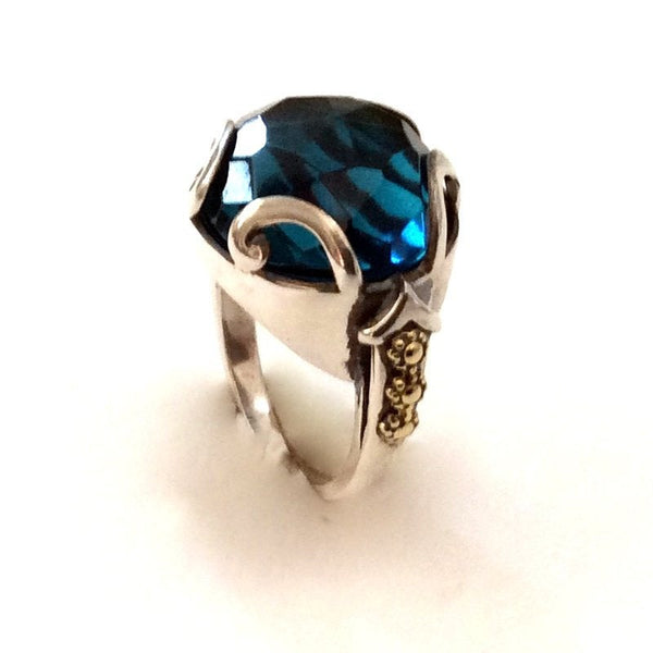 London topaz ring, Silver Gold Ring, blue stone ring, gemstone ring, two tones ring, statement ring, cocktail ring - Blue light - R2168