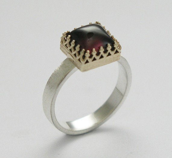 Garnet Ring, square stone ring, engagement ring, twotones ring, crown ring, silver gold ring, red gemstone ring, - Wine kingdom. R1095H-1