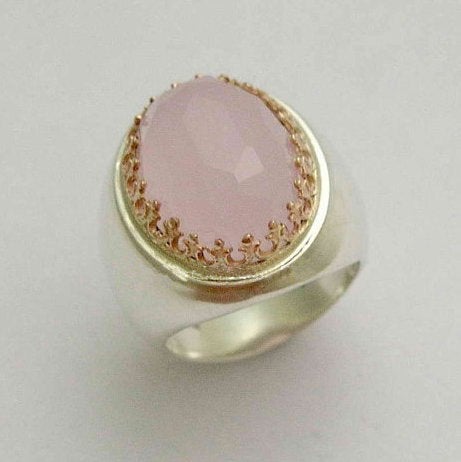 Rose quartz ring, Gemstone Ring, silver ring, gold ring, twotones ring, statement ring, cocktail ring , Pink ring - Too much in love R1113XH