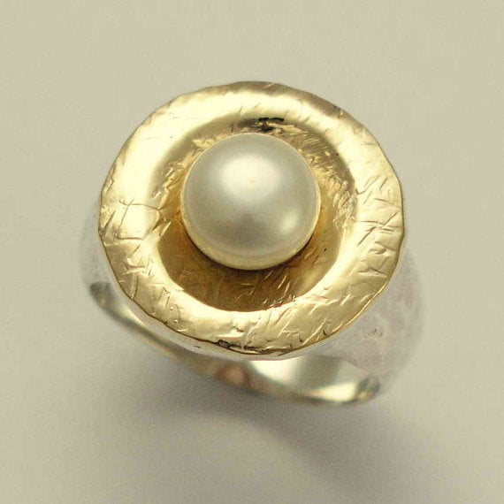 Pearl Engagement Ring, silver gold statement ring - Love is around R1235G