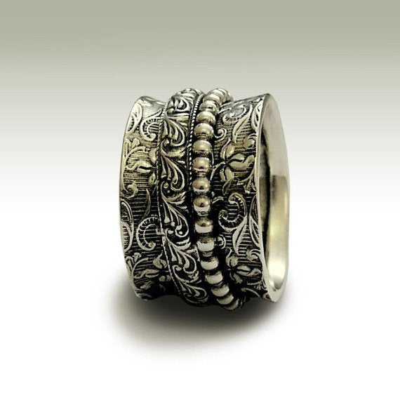 Golden brass ring, spinners ring, wide band, fidget botanical ring, spinner ring, meditation ring, filigree ring  - Morning bird RK1209E