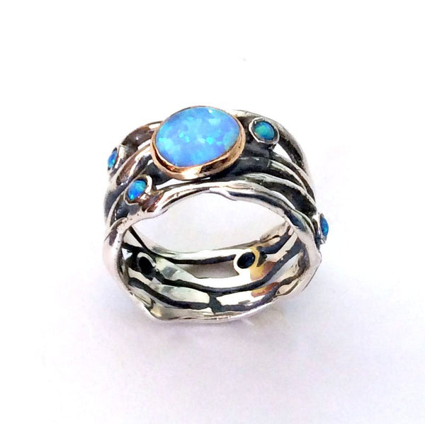 Opals ring, unique engagement ring, organic silver ring, gemstones ring, silver band, wide band, bohemian ring, hippie - Diamond sky R2151