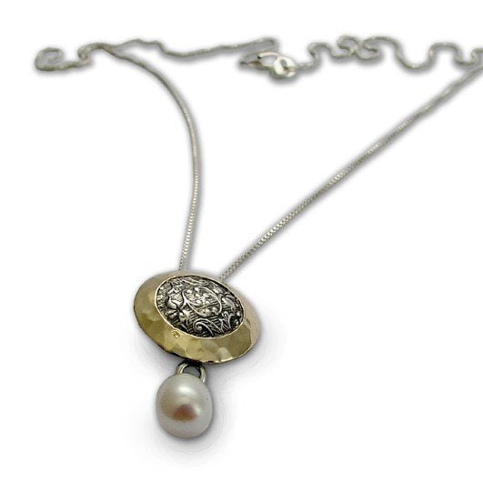 Pearl simple necklace, botanical jewelry, two tones pendant, round, sterling silver necklace, silver gold necklace - Never say never N4546