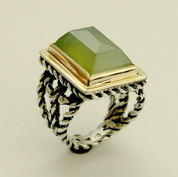Green quartz ring, rectangle ring, Green stone ring, Victorian ring, silver gold ring, two tones ring, statement ring - Next to you R1553-1