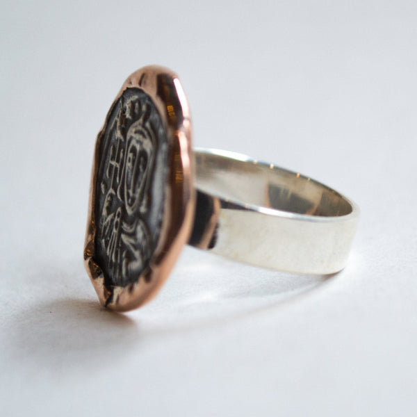 Silver coin ring, two-tone ring, tribal ring, sterling silver ring, rose gold ring, boho ring, gypsy ring, hippie ring, ethnic - Epic  R2270