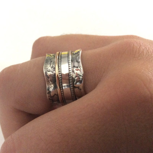 Wedding ring, spinning ring, fidget ring, gold silver band, bohemian band, statement ring, unique unisex band, floral - Moonshadow R2187