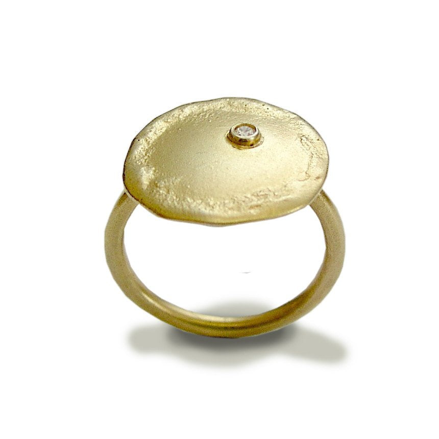 14k gold ring, simple ring, yellow gold ring, single diamond ring, gold diamond ring, round Disc  ring, solid gold ring  - Emotions RG1589