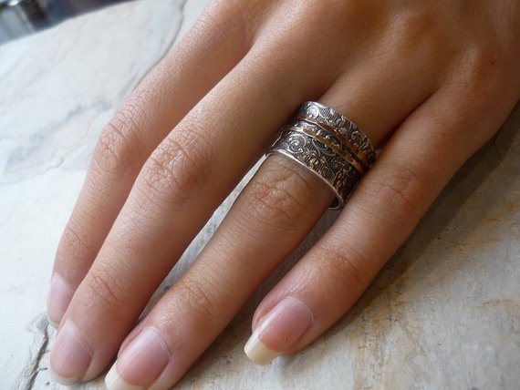 Spinner ring, Meditation ring, Silver wedding band, rose yellow gold ring, stack band, boho ring, wide silver ring - A way of life R1209A