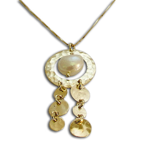 Solid Yellow gold necklace, fresh water pearl necklace, chandelier gold pendant, discs dangle necklace - Elegance is an attitude. NG4469-1