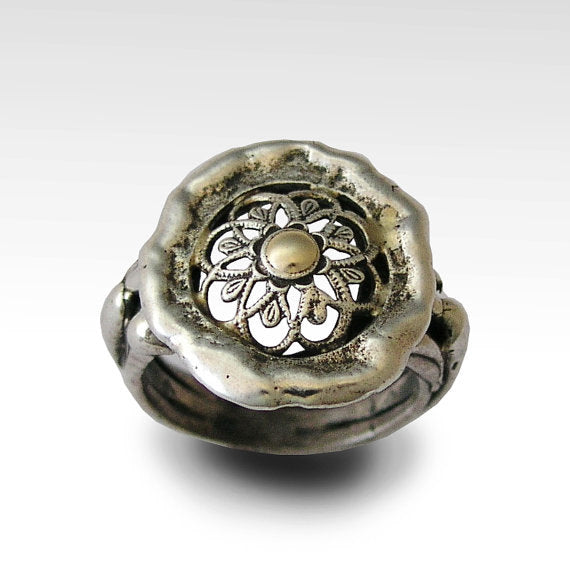 Flower Ring, lace ring, silver gold ring, sterling silver ring, statement ring, round silver ring, lace ring, hipster ring - Delight R1729
