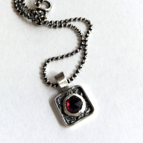 garnet necklace, Square pendant, gypsy pendant, hippie necklace, minimalist, silver boho necklace, red stone necklace - Impression N2001