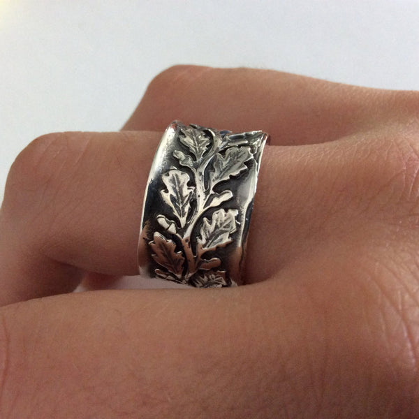 Leaf ring, Wide ring, silver band, sterling silver, oxidised ring, silver bohemian ring, vine ring, Leaf silver ring - Connected R2093S
