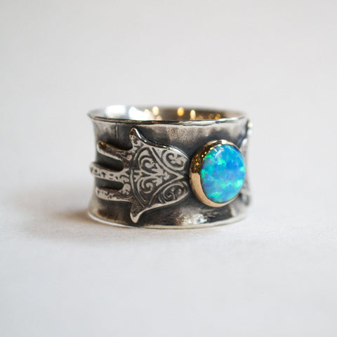 Hamsa silver ring,  silver gold ring, hand of fatima ring, opal ring, twotone ring, statement ring, boho ring, tribal - Feel the magic R2269