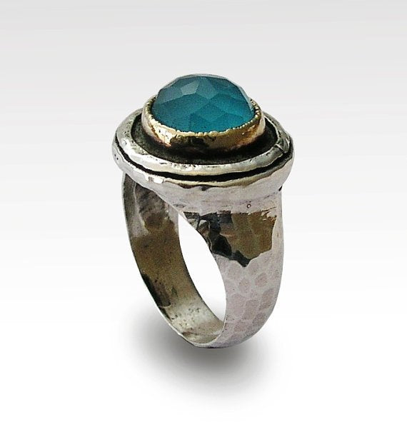 Blue quartz silver gold ring