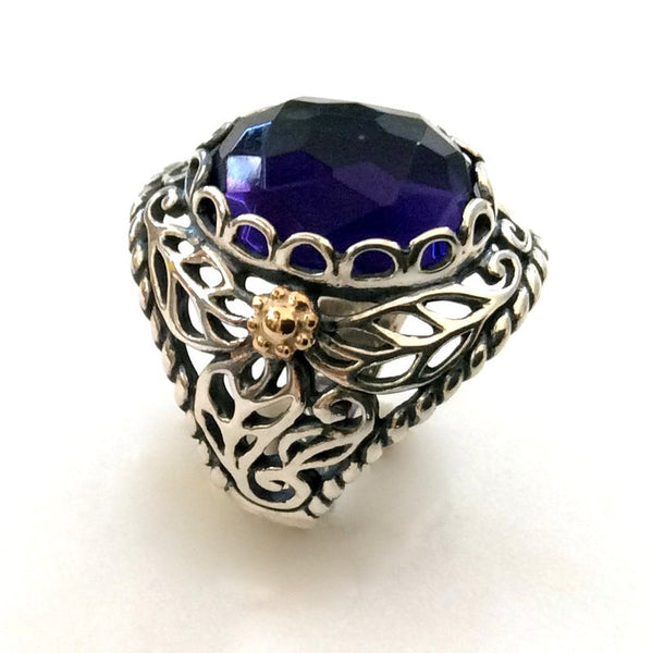 Amethyst ring, Sterling silver Ring, engagement ring, purple stone ring, gypsy ring, gold silver ring, two toned ring - Sweet song R2166