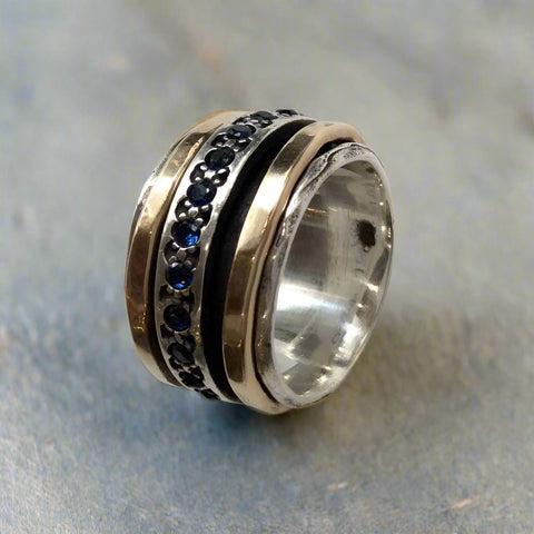 Meditation Ring, silver band, sapphire ring, gold filled ring, stacking spinner ring, wide silver ring, wedding ring - Endlessly R1075L-5