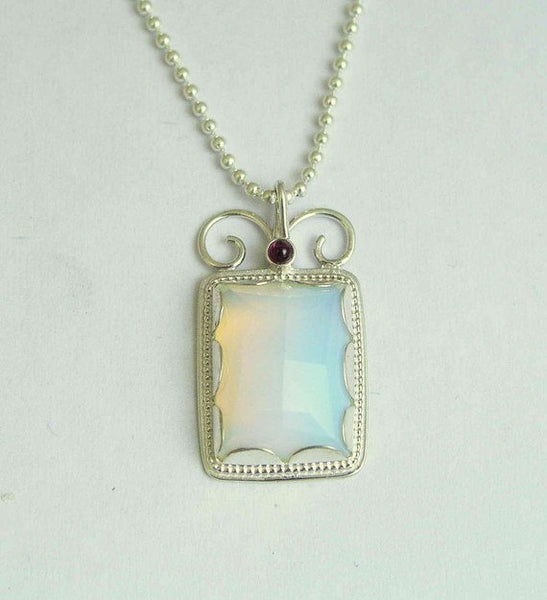 Opalite Necklace, gemstone necklace, Sterling silver pendant, bridal necklace, opalite and tiny garnet stones - Once upon a time. N8837
