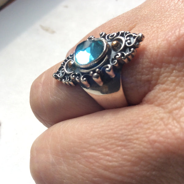 London topaz ring, Gemstone ring, Gypsy jewelry, mixed metals ring, boho chic ring, bohemian ring, Tibetan ring, unique - The blue sky R2243