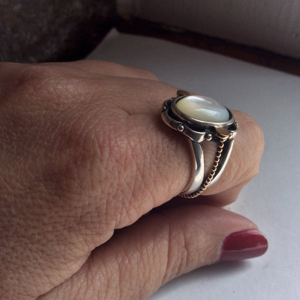 Shell ring, Yellow gold floral ring, gold silver ring, gypsy ring, boho ring, two-tone stone Ring, engagement ring - Love me simply R2207