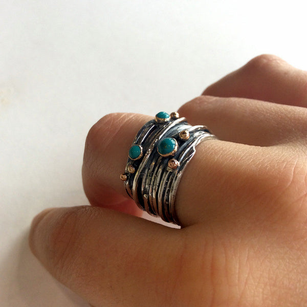 Kynite ring, Mothers ring, Birthstones ring, wide silver band, wire wrap ring, bohemian ring, family ring, boho ring -  Soft swirls R2064S
