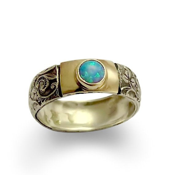 Silver gold ring, shell ring, filigree ring, mixed metals band, two tone band, botanical ring, leaves ring, silver band - White spirit R1631