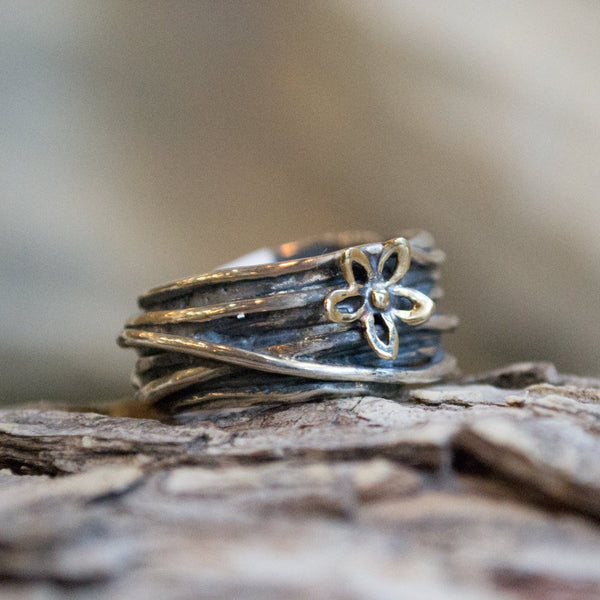 Gold silver band, gold flower ring, wire wrap band, boho ring, wide engagement ring, gypsy ring, statement ring, unique - So Special R2150