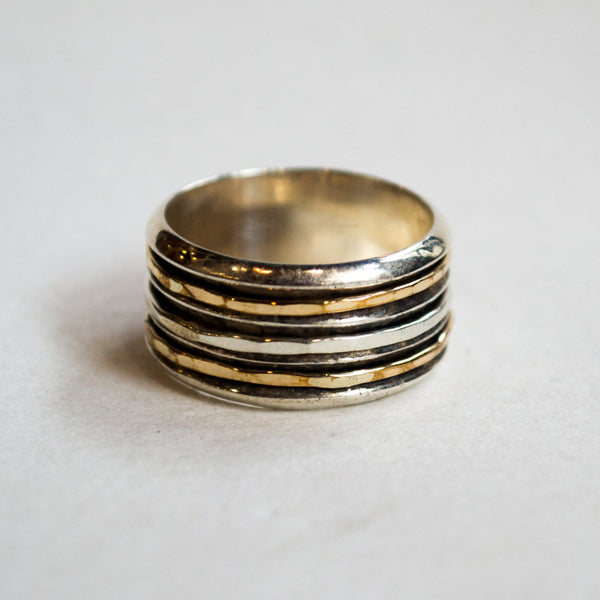 Gold Silver ring, two tone ring, boho chic jewelry, wide Wedding band, boho unisex band, silver ring, stack ring - Two of a kind R2278