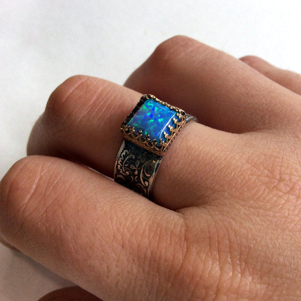 Square Opal Ring, October birthstone ring, Silver gold Ring, engagement Ring, Statement Ring, Cocktail Ring - Love is everything R2127