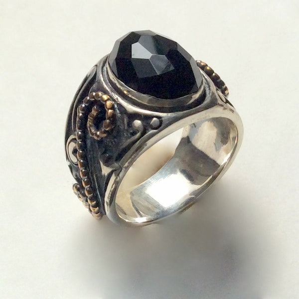 Black onyx ring, Silver gold ring, Filigree ring, boho ring, statement ring, gypsy ring, cocktail ring, Tibetan ring - Paint It Black R2238