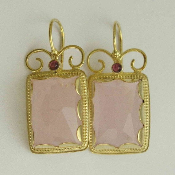 Solid gold earrings, Bridal rose quartz earrings, stone earrings, garnet earrings, wedding earrings, drop earrings - Once upon a time EG8837