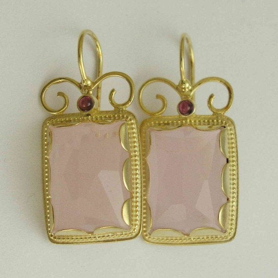 Solid gold blue quartz tourmaline rectangle earrings - Once upon a time EG8837