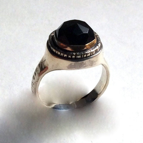 Black Onyx Ring, black stone ring, two tone ring, gypsy ring, bohemian ring, alternative ring, boho chic jewelry, unique - Dark night R2236