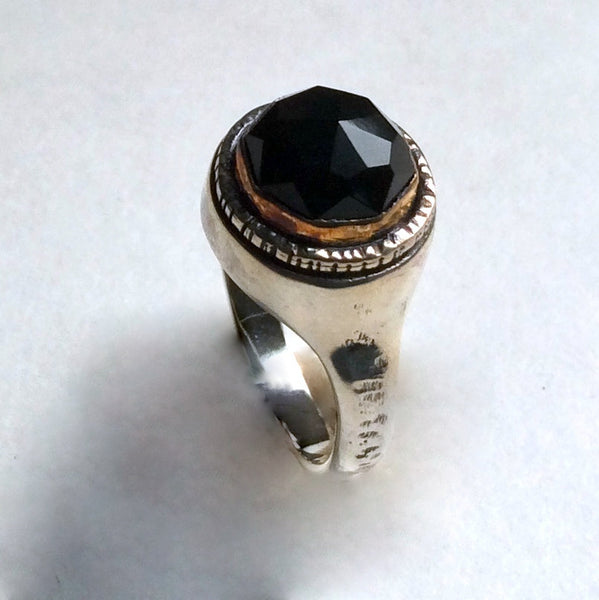 Black Onyx Ring, black stone ring, two tone ring, gypsy ring, bohemian ring, alternative ring, boho chic jewelry, unique - Dark night R2236