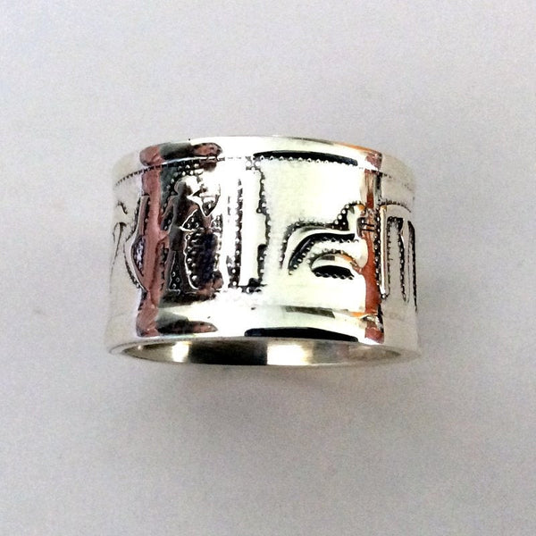 Sterling silver band, Egyptian motifs band, wide silver band, shiny band, unisex band, bird ring, wedding band - Egyptian Look R2146