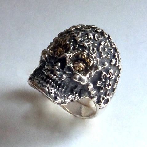 Biker Skull ring, day of the dead ring, floral skull ring, frida kahlo ring, unisex skull ring, twotone skull ring -  Everlasting Love R2221