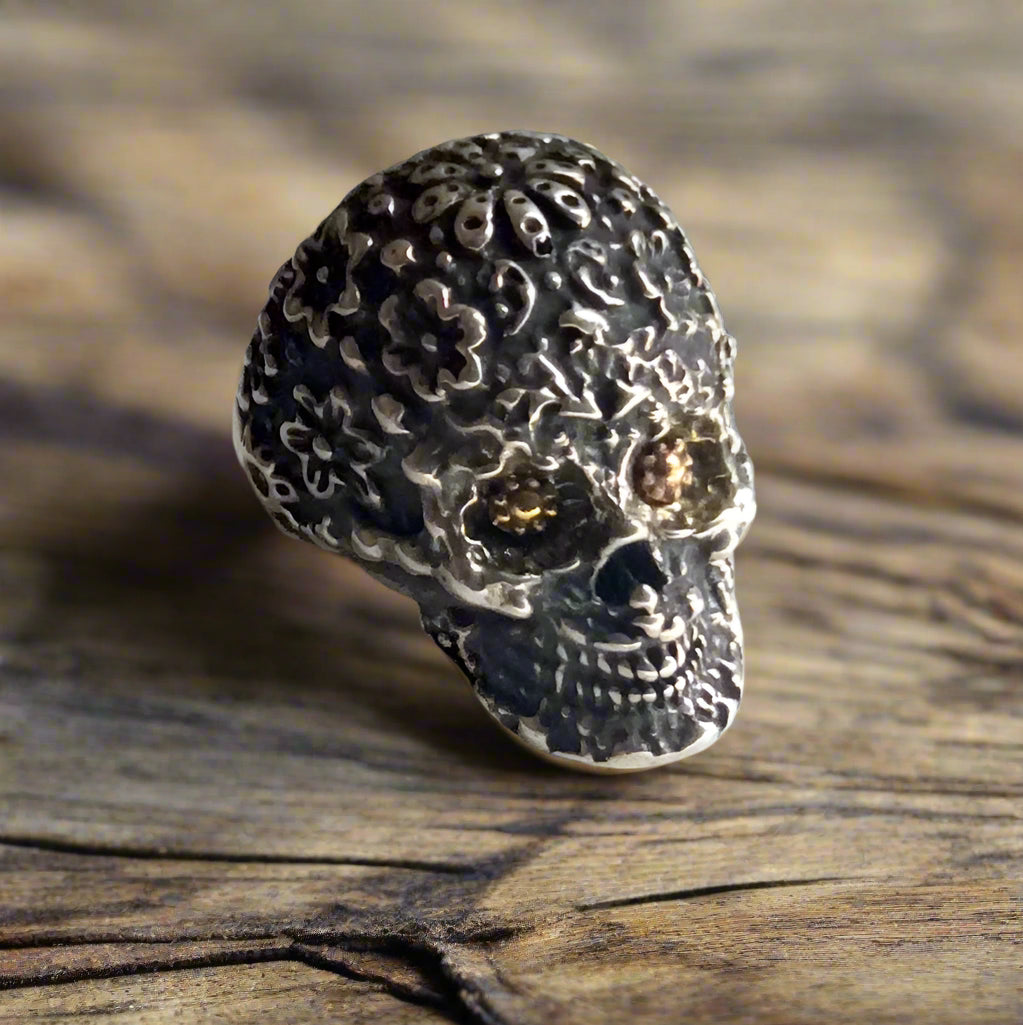 Biker Skull ring, day of the dead ring, floral skull ring, frida kahlo ring, unisex skull ring, twotone skull ring -  Everlasting Love R2221