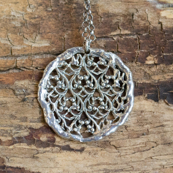 Lace necklace, Sterling silver pendant, round large pendant, casual necklace, statement necklace, simple necklace - Silver Lace N4687
