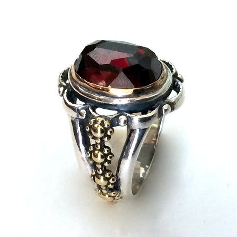 Garnet ring, gold silver ring, Two-tone Ring, yellow gold floral ring, engagement ring, two toned ring, red stone  - Love me tonight R2173