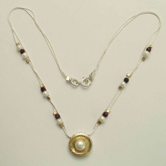 Silver gold Pendant,  two tone necklace, unique bride necklace, pearls garnets necklace, boho jewelry, hippie  - Love is around N8815G