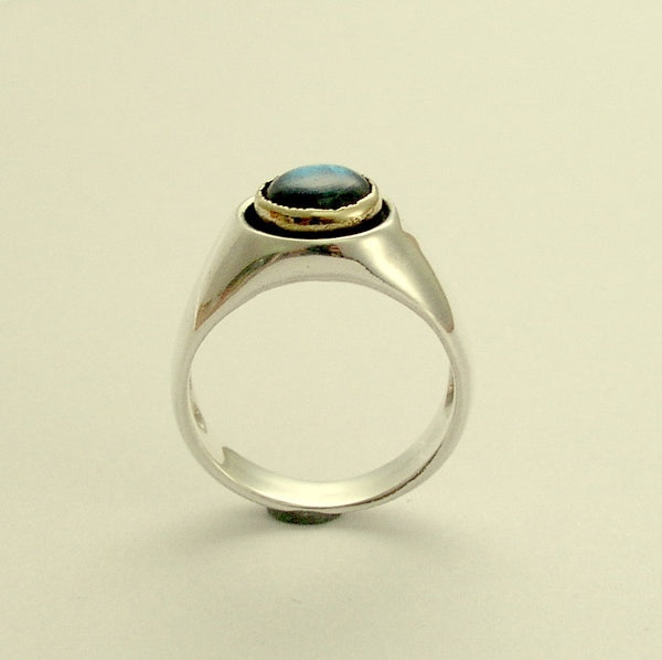 Labradorite ring, unisex ring, sterling silver ring, Mens silver gold ring, unisex ring, two tones ring, gemstone ring - Telepathy R1499A