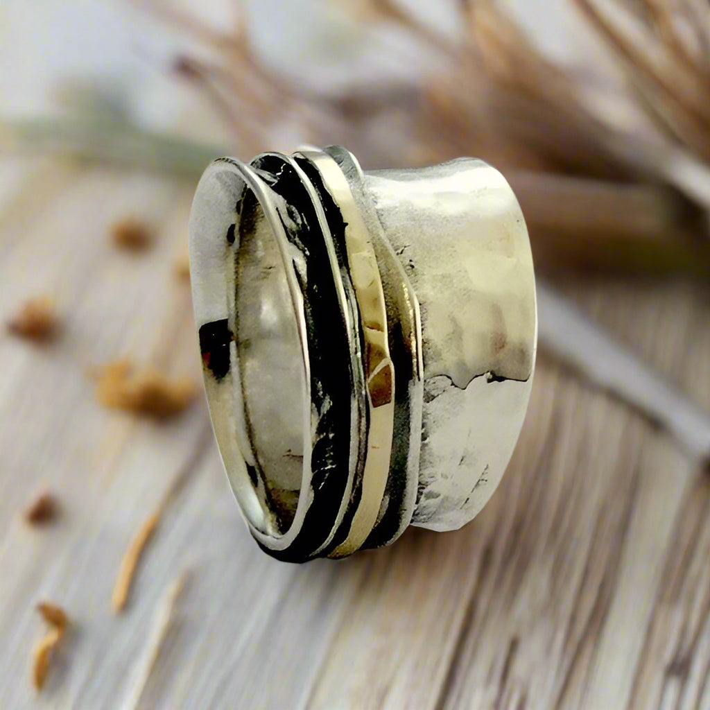 silver gold ring, spinner ring, Wedding band, Silver band, unisex band, meditation band, hammered silver ring - Stay on your mind R1026GB