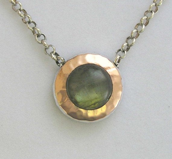 Labradorite necklace, sterling silver necklace, rose gold necklace, Two tones necklace, round gemstone pendant - Green Fields Forever N8815A