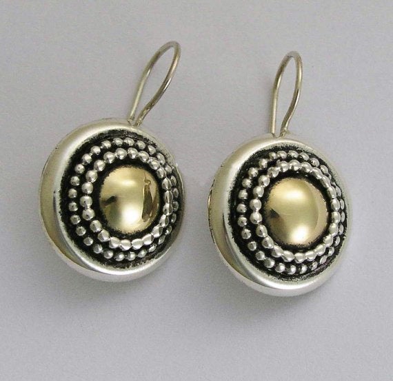 Sterling Silver Earrings, yellow gold earrings, mixed metal earrings, oxidized earrings, round earrings, dangle earrings - Gold Heart. E0294